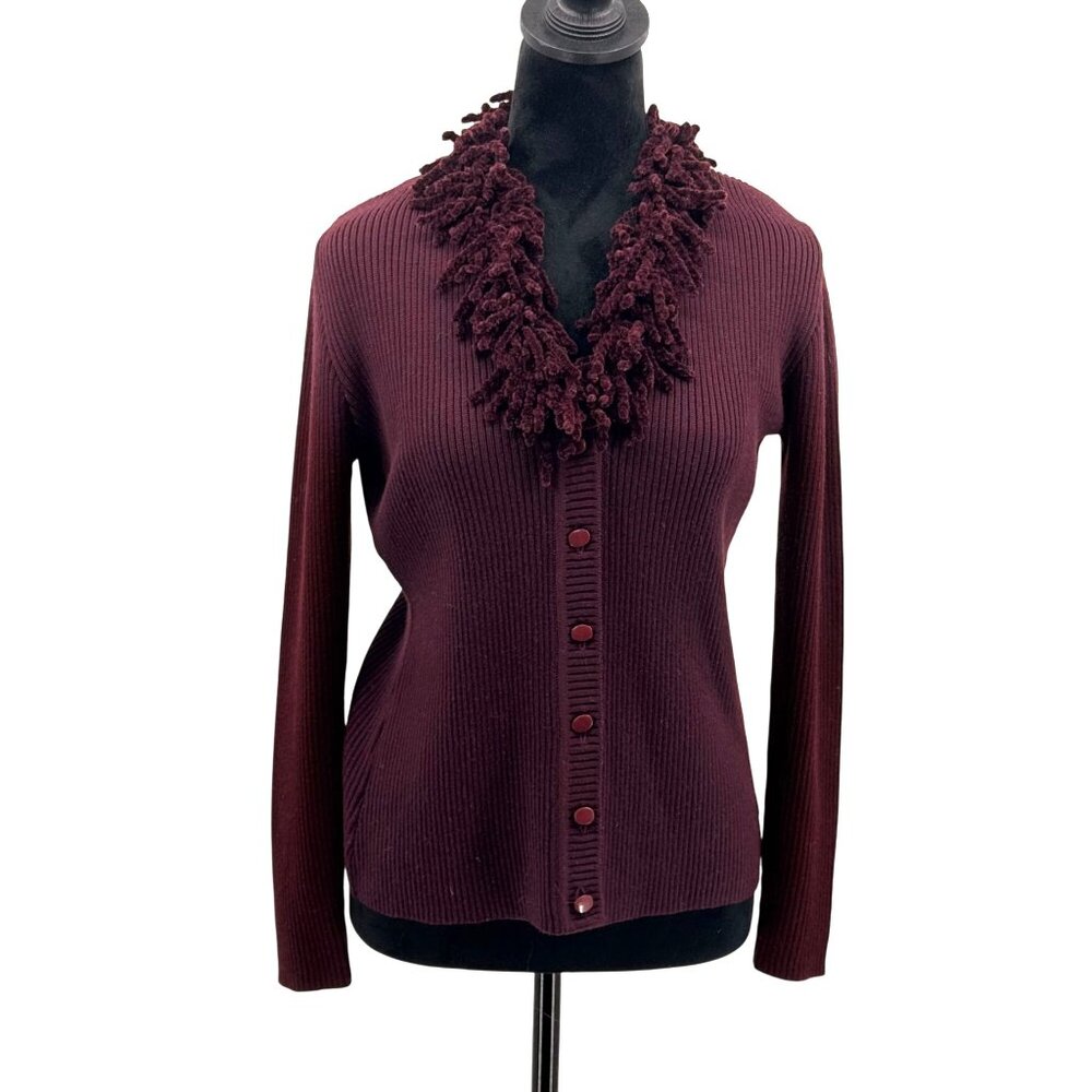 Angel‎ Sabri Ozel Cardigan Sweater Womens S Burgundy Fringe Collar Ribbed Button